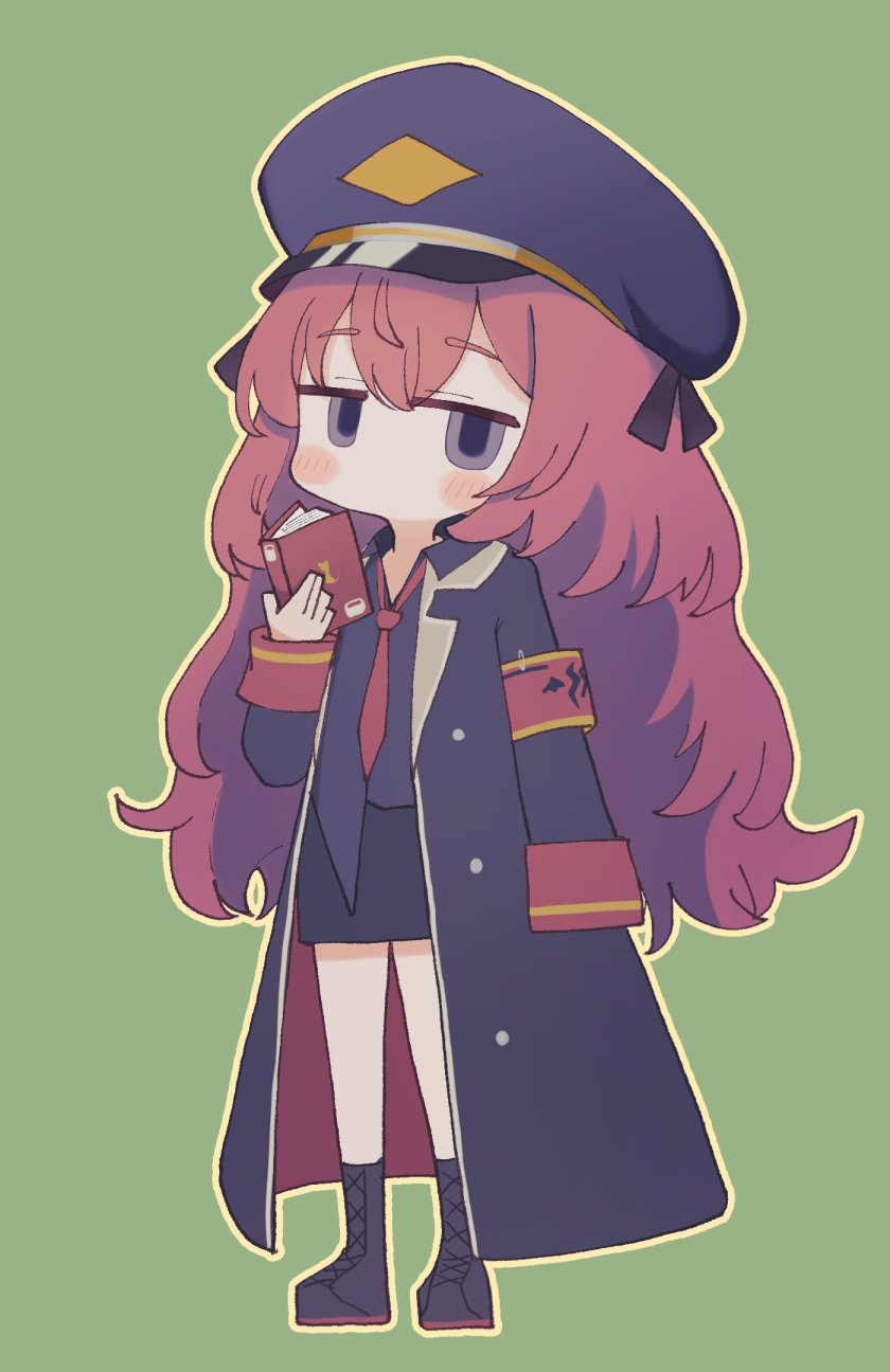 amataro21, iroha (blue archive), blue archive, fluffy hair, commentary request, highres, 1girl, arm at side, black boots, black coat, black hair, black ribbon, black shirt, blush stickers, book, boots, chibi, chibi only, coat, collared shirt, full body, green background, grey eyes, hair between eyes, hair ribbon, hand up, hat, holding, holding book, jitome, lace-up boots, long hair, looking at viewer, necktie, no mouth, open clothes, open coat, outline, peaked cap, red hair, red necktie, ribbon, shirt, simple background, sleeves past fingers, sleeves past wrists, solo, standing, thick eyebrows, very long hair, yellow outline