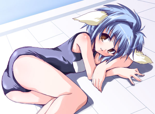 mint blancmanche, galaxy angel, 00s, 1girl, animal ears, blue hair, dutch angle, female focus, green eyes, looking at viewer, school swimsuit, short hair, solo, swimsuit, yellow eyes
