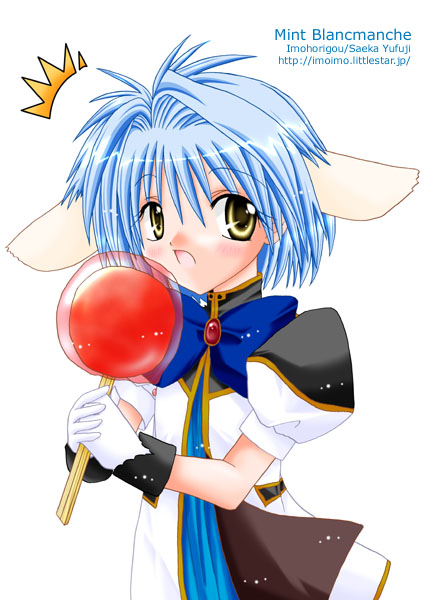 yufuji saeka, mint blancmanche, galaxy angel, tagme, 00s, 1girl, animal ears, artist name, blue hair, character name, female focus, gloves, green eyes, looking at viewer, puffy sleeves, short hair, simple background, solo, watermark, web address, white background, yellow eyes