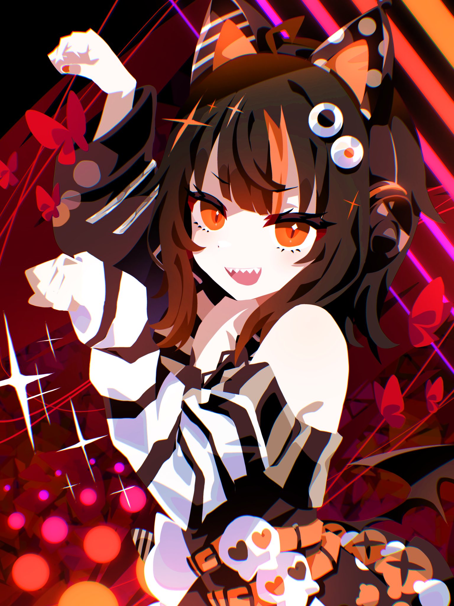 mahou shoujo no majo saiban, commentary request, highres, 1girl, :d, ahoge, animal ear headphones, animal ears, black hair, blunt bangs, bug, butterfly, cat ear headphones, detached sleeves, eyeball hair ornament, fake animal ears, hands up, headphones, heart, insect, looking at viewer, magical girl, medium hair, multicolored hair, open mouth, orange eyes, orange nails, otomebakudan, paw pose, sawatari koko, sharp teeth, skull, smile, solo, sparkle, streaked hair, teeth, upper body