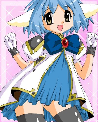 mint blancmanche, galaxy angel, jpeg artifacts, lowres, non-web source, 00s, 1girl, animal ears, blue hair, blue skirt, female focus, gloves, green eyes, military, military uniform, panties, pantyshot, skirt, solo, thighhighs, underwear, yellow eyes