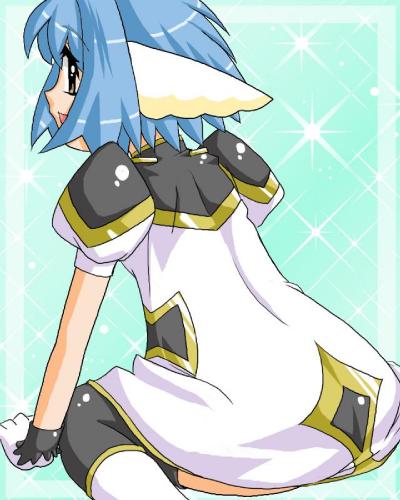 mint blancmanche, galaxy angel, lowres, 00s, 1girl, animal ears, blue hair, female focus, from behind, gloves, green eyes, puffy sleeves, short hair, sitting, solo, thighhighs, wariza, yellow eyes