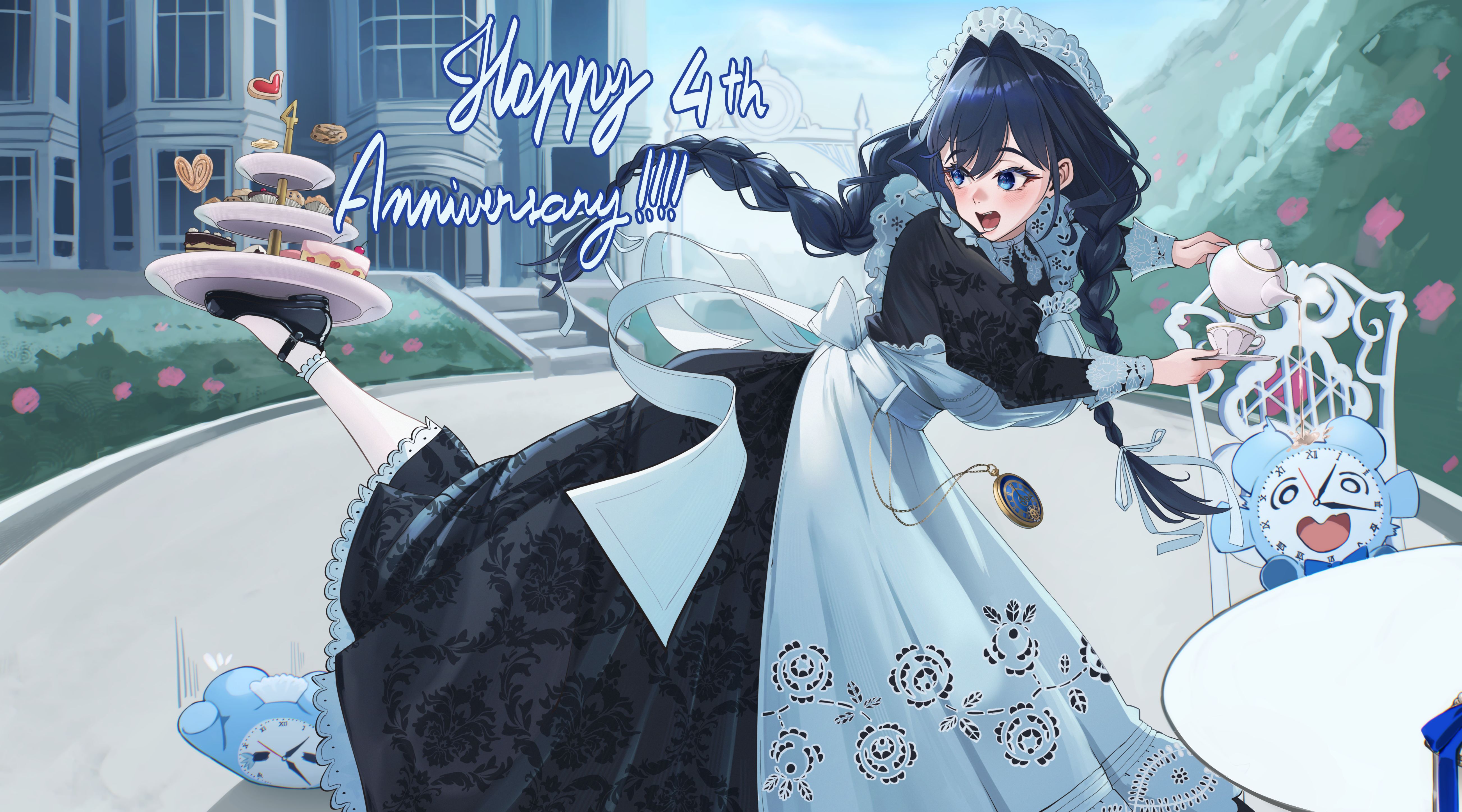 eipanguino, kronie (ouro kronii), ouro kronii, ouro kronii (maid), hololive, hololive english, absurdres, commentary, english commentary, highres, 1girl, anniversary, apron, black dress, black hair, blue eyes, building, bush, cake, cake slice, chair, cookie, cup, day, dress, food, hair intakes, hair ribbon, hat, holding, holding saucer, holding teapot, long hair, low twintails, maid, maid apron, mansion, mary janes, mob cap, official alternate costume, official alternate hairstyle, outdoors, pantyhose, pocket watch, ribbon, saucer, shoes, sitting, spilling, standing, standing on one leg, strawberry shortcake, table, teacup, teapot, tiered tray, twintails, virtual youtuber, watch, white apron, white pantyhose, white ribbon