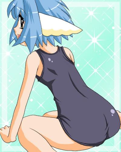 mint blancmanche, galaxy angel, lowres, 00s, 1girl, animal ears, blue hair, female focus, from behind, green eyes, one-piece swimsuit, short hair, sitting, solo, swimsuit, wariza, yellow eyes