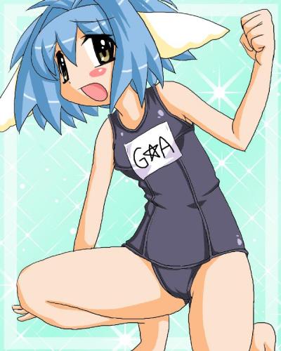 mint blancmanche, galaxy angel, lowres, 00s, 1girl, animal ears, blue hair, blush, blush stickers, female focus, green eyes, looking at viewer, on one knee, open mouth, school swimsuit, short hair, solo, swimsuit, yellow eyes