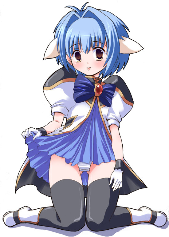 mint blancmanche, galaxy angel, 00s, 1girl, :p, animal ears, blue hair, blush, female focus, gloves, green eyes, kneeling, looking at viewer, panties, puffy sleeves, short hair, simple background, solo, thighhighs, tongue, tongue out, underwear, white background, yellow eyes
