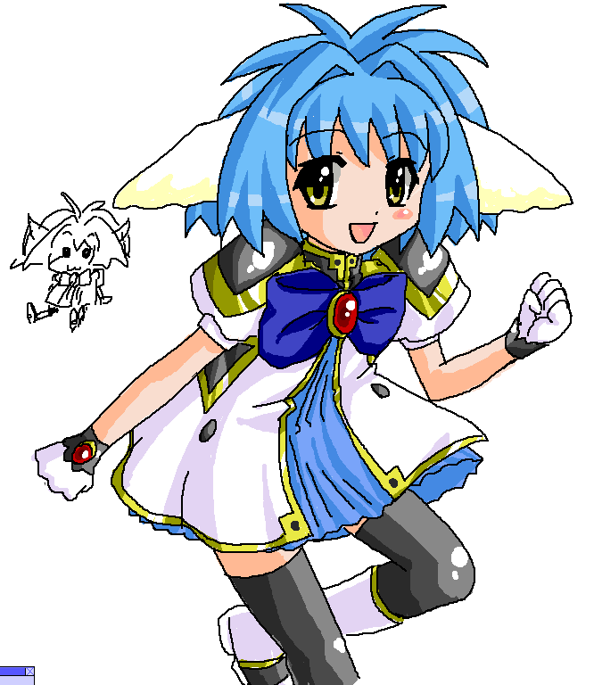mint blancmanche, galaxy angel, aliasing, tagme, 00s, 1girl, animal ears, blue hair, blush, blush stickers, female focus, gloves, green eyes, open mouth, puffy sleeves, short hair, simple background, smile, solo, thighhighs, white background, yellow eyes