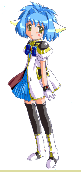 mint blancmanche, galaxy angel, aliasing, 00s, 1girl, animal ears, blue hair, blush, blush stickers, female focus, gloves, green eyes, puffy sleeves, short hair, simple background, smile, solo, thighhighs, white background, yellow eyes, zettai ryouiki