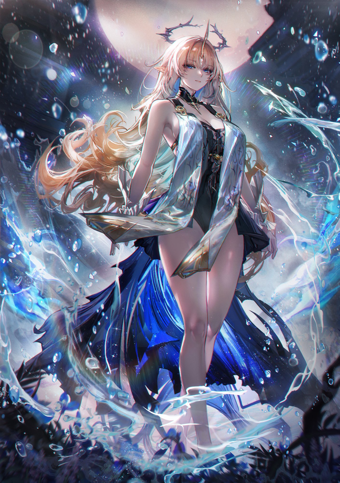 turbulence, fleurdelys (wuthering waves), wuthering waves, commentary, highres, 1girl, bare legs, bare shoulders, black collar, black dress, blonde hair, blue eyes, blue hair, breasts, cleavage, closed mouth, collar, colored inner hair, crown of thorns, dress, horns, jewelry, large breasts, legs, long hair, looking at viewer, multicolored hair, necklace, pointy ears, sidelocks, single horn, solo, tabard, tacet mark (wuthering waves), thighs, very long hair, white tabard, yellow horns
