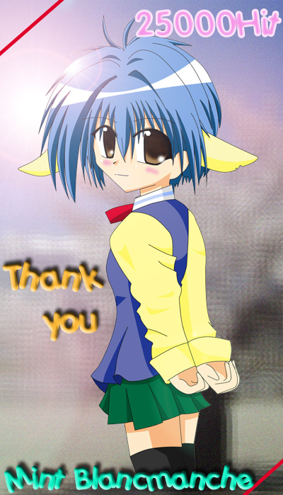 mint blancmanche, galaxy angel, 00s, 1girl, animal ears, blue hair, blush, blush stickers, character name, female focus, green eyes, looking at viewer, looking back, miniskirt, pleated skirt, short hair, skirt, solo, thighhighs, yellow eyes, zettai ryouiki