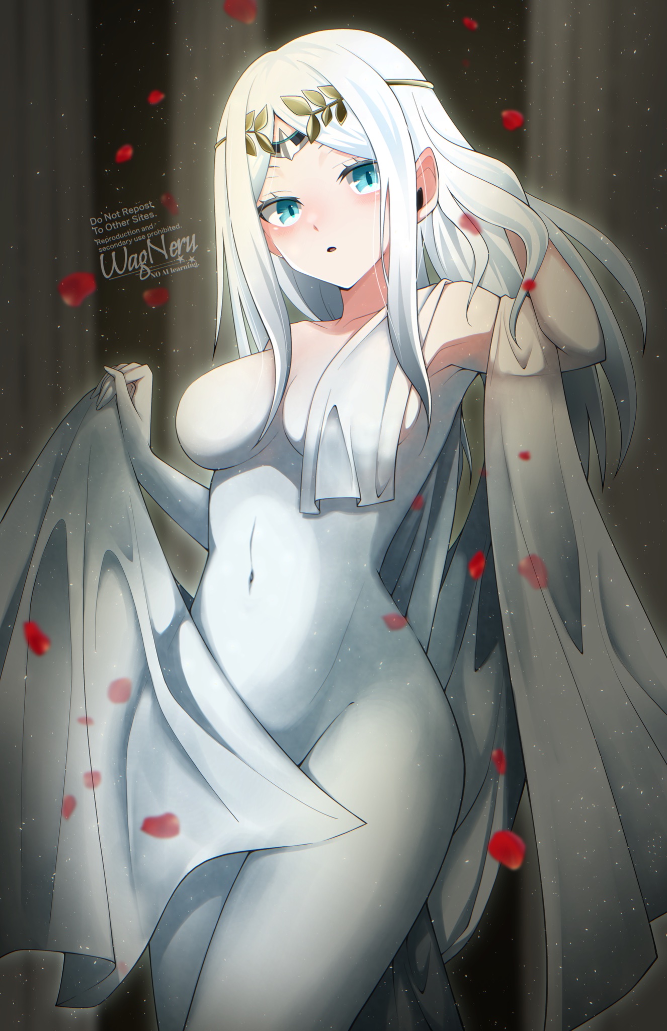 wagu neru, galatea (fate), fate/grand order, fate (series), highres, 1girl, blue eyes, blush, breasts, completely nude, convenient censoring, long hair, looking at viewer, medium breasts, navel, nude, open mouth, pale skin, parted bangs, sash, solo, statue, thighs, tiara, white hair