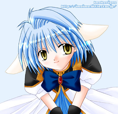 mint blancmanche, galaxy angel, lowres, 00s, 1girl, animal ears, artist name, blue hair, female focus, gloves, green eyes, leaning forward, looking at viewer, puffy sleeves, short hair, simple background, solo, watermark, web address, yellow eyes, yufujisaeka