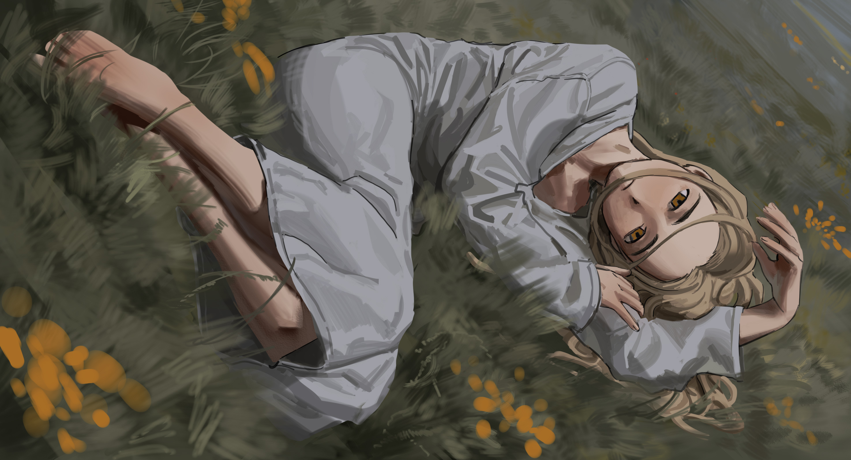 tinaren15, original, highres, 1other, ambiguous gender, barefoot, blonde hair, expressionless, field, flower, flower field, full body, grass, long hair, long shirt, looking at viewer, lying, on grass, on side, orange eyes, outdoors, shirt, sideways, wavy hair, white shirt