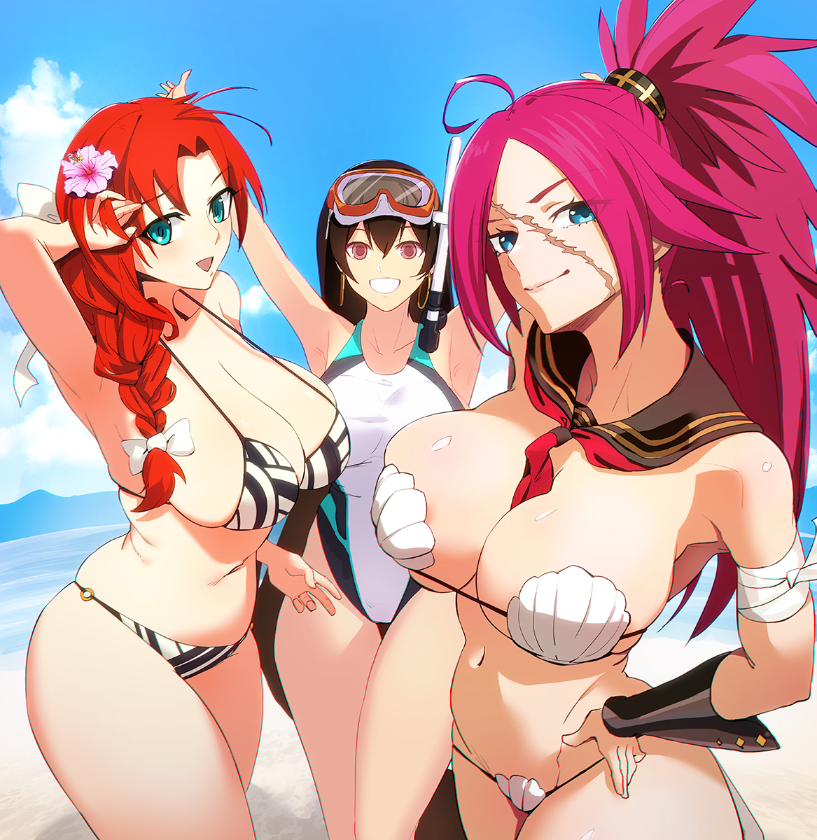 minami koyogi, boudica (fate), francis drake (fate), xuangzang sanzang (fate), fate/grand order, fate (series), highres, 3girls, ahoge, armpits, arms up, beach, bikini, black one-piece swimsuit, black sailor collar, blue eyes, blue sky, braid, braided ponytail, breasts, brown hair, cleavage, detached collar, detached sleeves, diving mask, earrings, flower, goggles, green eyes, grin, hair between eyes, hair flower, hair ornament, highleg, highleg one-piece swimsuit, hoop earrings, jewelry, large breasts, long hair, looking at viewer, multiple girls, navel, neckerchief, one-piece swimsuit, parted bangs, pink hair, ponytail, purple eyes, red hair, sailor collar, scar, scar on face, shell, shell bikini, shore, sky, smile, snorkel, striped bikini, striped clothes, swimsuit, thighs, two-tone one-piece swimsuit, white bikini, white one-piece swimsuit