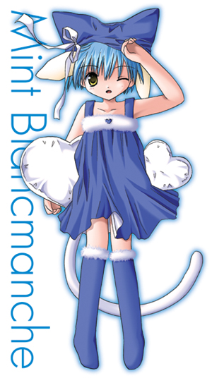mint blancmanche, galaxy angel, 00s, 1girl, animal ears, blue hair, character name, dress, female focus, fur trim, green eyes, heart, one eye closed, short dress, short hair, simple background, solo, tail, white background, wink, yellow eyes