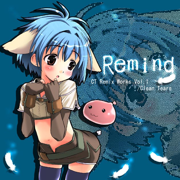 mint blancmanche, galaxy angel, character request, 00s, 1girl, :3, animal ears, blue hair, blush, elbow gloves, female focus, gloves, green eyes, leaning forward, midriff, short hair, solo, thighhighs, zettai ryouiki
