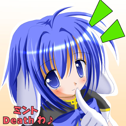 mint blancmanche, galaxy angel, lowres, 00s, 1girl, animal ears, blue eyes, blue hair, blush, character name, female focus, gloves, green eyes, looking at viewer, matching hair/eyes, puffy sleeves, short hair, simple background, solo