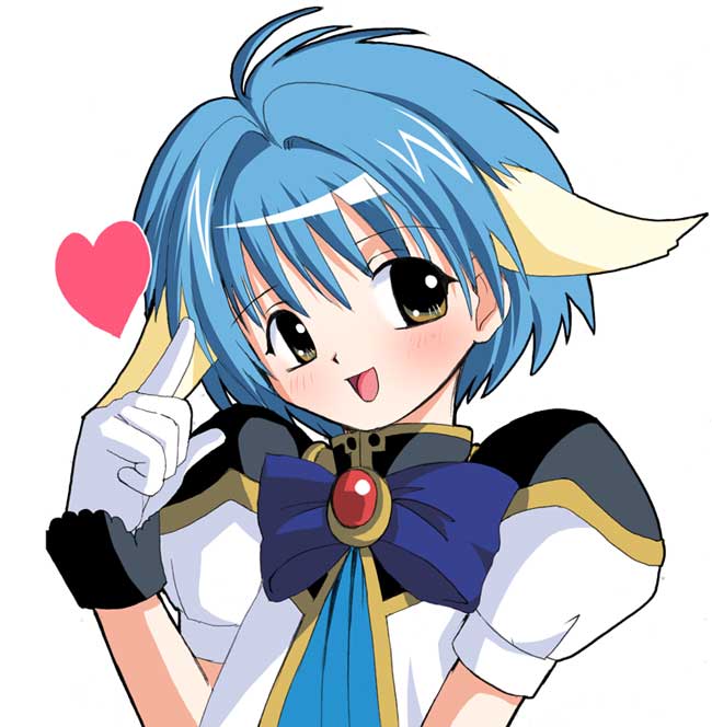 mint blancmanche, galaxy angel, tagme, 00s, 1girl, animal ears, blue hair, blush, female focus, gloves, green eyes, heart, puffy sleeves, short hair, simple background, smile, solo, white background, yellow eyes