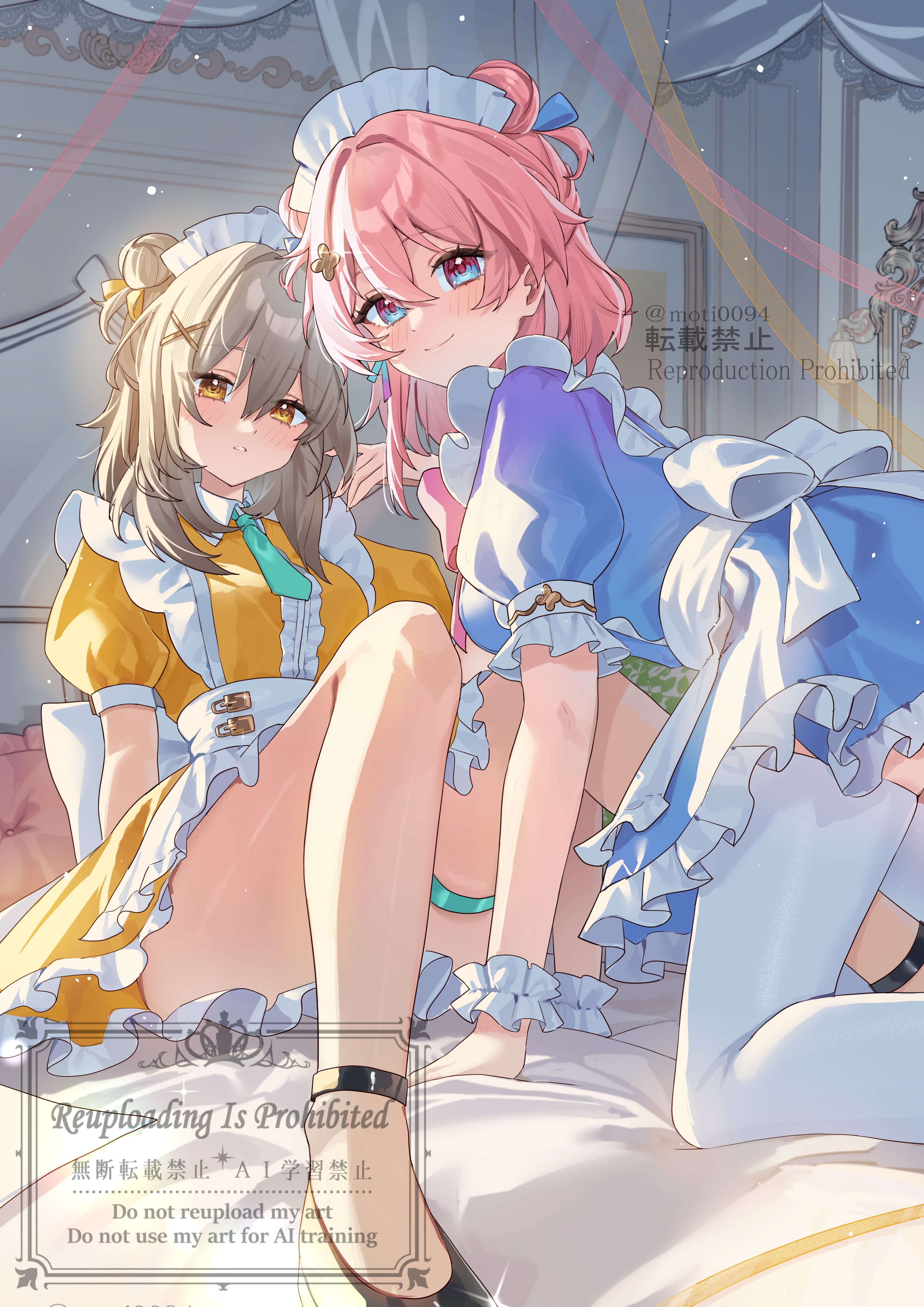 tsukimori mochi, march 7th (honkai: star rail), stelle (honkai: star rail), trailblazer (honkai: star rail), honkai: star rail, honkai (series), absurdres, commentary, highres, symbol-only commentary, 2girls, bedroom, black shoes, blue dress, blue eyes, dress, green necktie, grey hair, indoors, looking at viewer, maid, maid headdress, medium hair, multiple girls, necktie, on bed, parted lips, pink eyes, pink hair, puffy short sleeves, puffy sleeves, shoes, short sleeves, smile, thigh strap, thighhighs, white thighhighs, yellow dress, yellow eyes