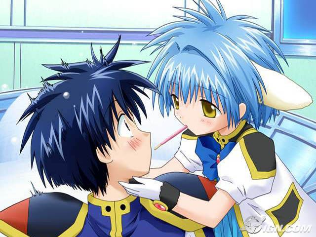 mint blancmanche, takuto meyers, galaxy angel, game cg, 00s, 1boy, 1girl, animal ears, blue hair, blush, food, gloves, green eyes, indoors, pocky, puffy sleeves, short hair, surprised, yellow eyes