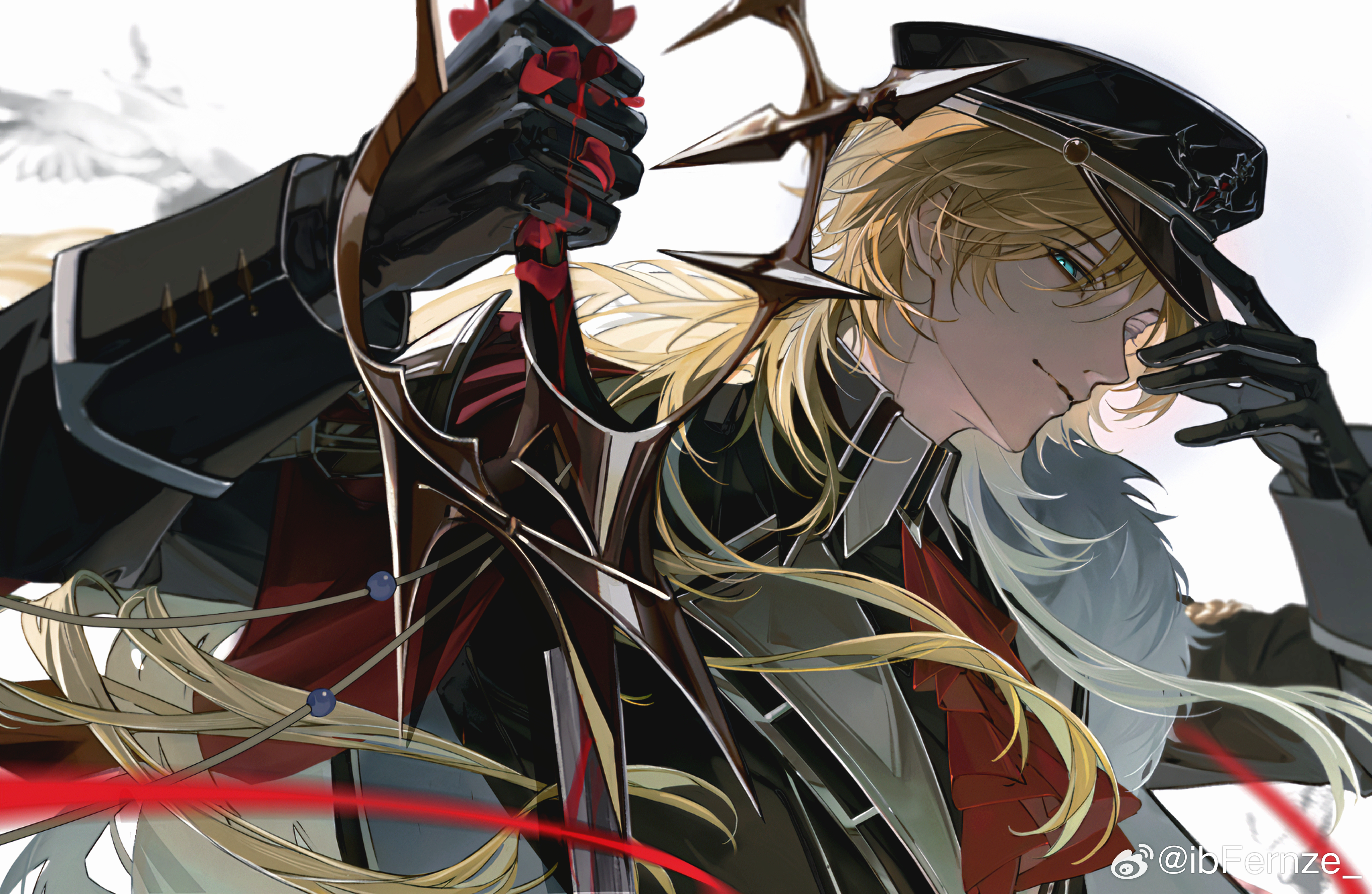 feernze19, lars rorschach, lars rorschach (infinite empire), lovebrush chronicles, absurdres, chinese commentary, highres, 1boy, aiguillette, aqua eyes, ascot, bird, black gloves, black hat, black jacket, black shirt, blonde hair, blood, blood on hands, cape, closed mouth, collared jacket, colored lapels, fur-trimmed cape, fur trim, gloves, hair between eyes, hand on headwear, hands up, hat, holding, holding sword, holding weapon, jacket, long hair, long sleeves, looking at viewer, male focus, military hat, military uniform, peaked cap, profile, red ascot, red shawl, reverse grip, shawl, shirt, side cape, sideways glance, simple background, sleeve cuffs, smile, solo, sword, upper body, watermark, weapon, weibo watermark, white background