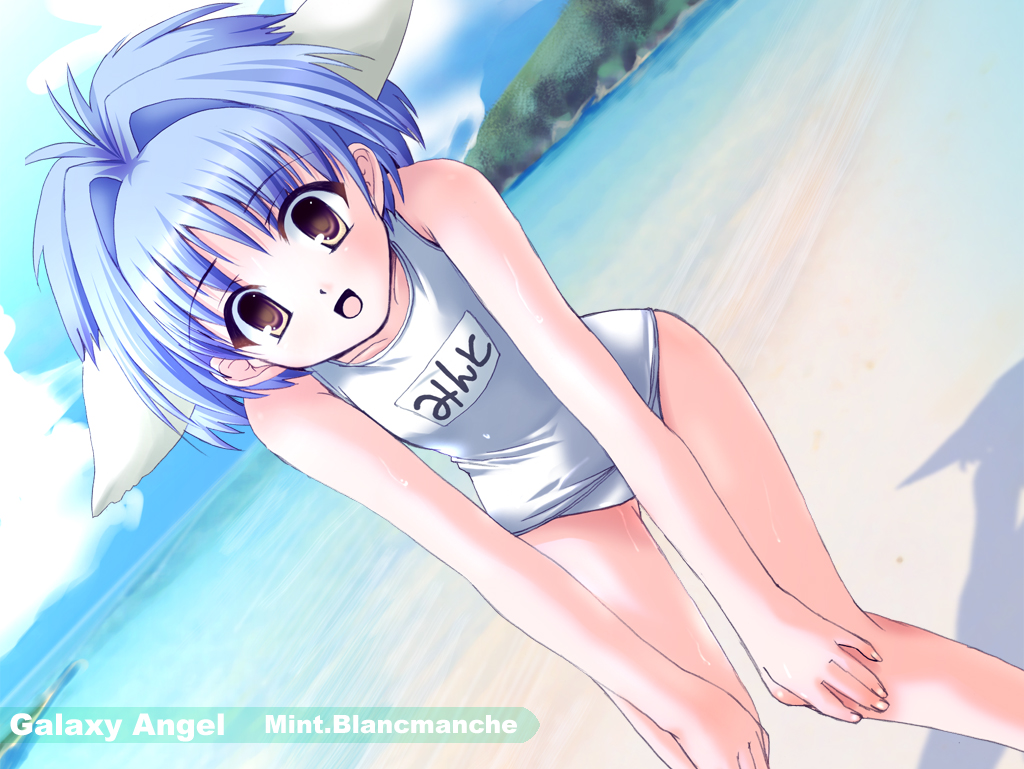 mint blancmanche, galaxy angel, 00s, 1girl, animal ears, beach, blue hair, character name, cloud, copyright name, dutch angle, female focus, green eyes, looking at viewer, name tag, ocean, one-piece swimsuit, outdoors, school swimsuit, short hair, sky, smile, solo, swimsuit, white one-piece swimsuit, white school swimsuit, yellow eyes