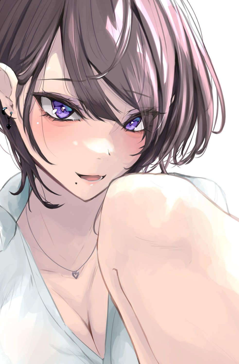 akiyama cz4a, original, highres, 1girl, breasts, cleavage, collarbone, earrings, jewelry, large breasts, looking at viewer, mole, mole under mouth, necklace, purple eyes, shirt, short hair, simple background, solo, upper body, white background