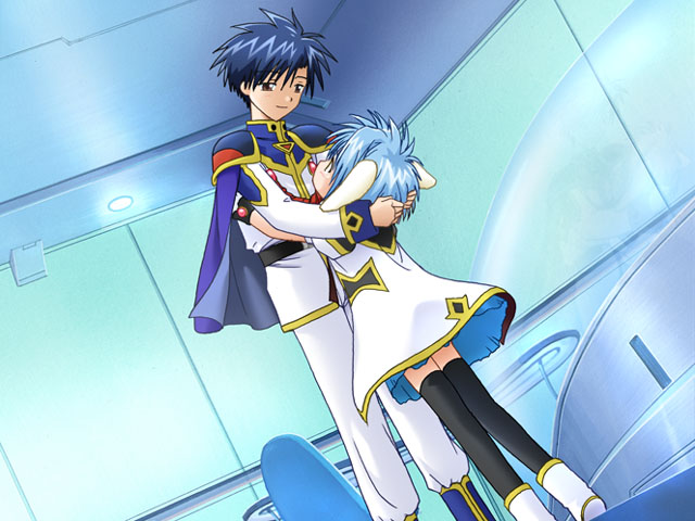 mint blancmanche, takuto meyers, galaxy angel, 00s, 1boy, 1girl, animal ears, blue hair, dutch angle, gloves, green eyes, hetero, hug, indoors, puffy sleeves, short hair, thighhighs