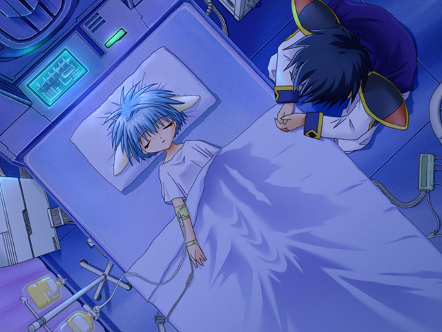 mint blancmanche, takuto meyers, galaxy angel, game cg, 00s, 1boy, 1girl, animal ears, bed, blue hair, from above, green eyes, indoors, intravenous drip, short hair, sleeping