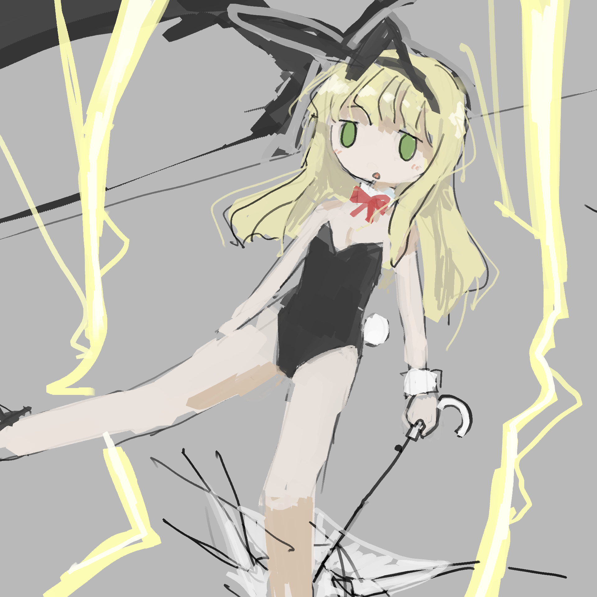 tsukumizu yuu, original, highres, 1girl, animal ears, black leotard, blonde hair, detached collar, fake animal ears, fake tail, green eyes, grey background, holding, holding umbrella, leotard, lightning, playboy bunny, rabbit ears, rabbit tail, solo, strapless, strapless leotard, tail, umbrella, wrist cuffs