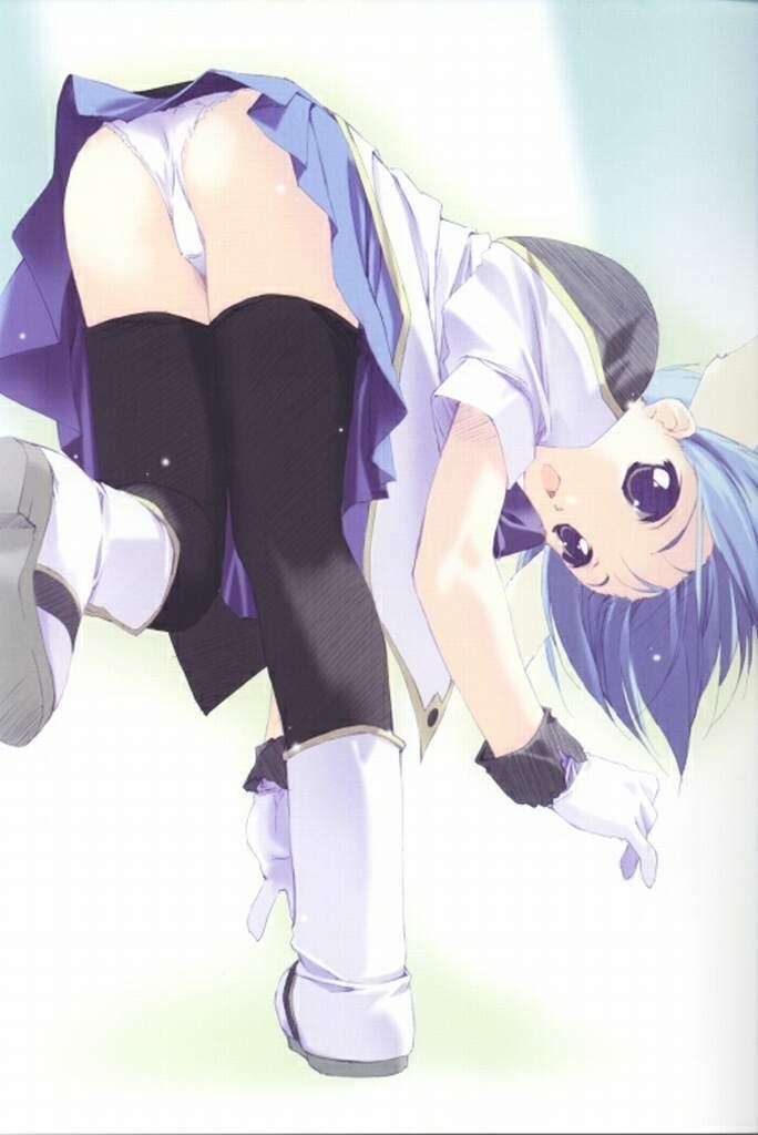 mint blancmanche, galaxy angel, 00s, 1girl, animal ears, bent over, blue hair, female focus, gloves, green eyes, looking at viewer, looking back, panties, pantyshot, puffy sleeves, short hair, solo, thighhighs, underwear