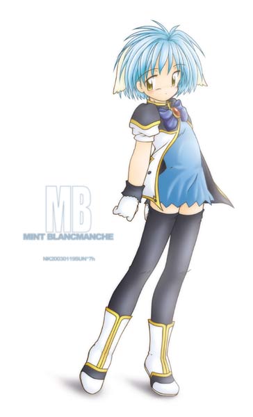 mint blancmanche, galaxy angel, 00s, 1girl, animal ears, blue hair, character name, female focus, gloves, green eyes, looking at viewer, puffy sleeves, short hair, simple background, solo, thighhighs, white background, yellow eyes