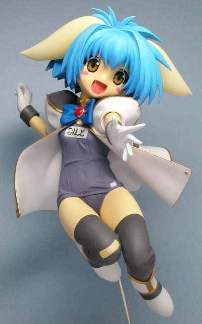 mint blancmanche, galaxy angel, 00s, 1girl, animal ears, bandaid, blue hair, blush, blush stickers, character name, female focus, figure, gloves, green eyes, happy, name tag, open mouth, puffy sleeves, school swimsuit, short hair, solo, swimsuit, thighhighs, yellow eyes