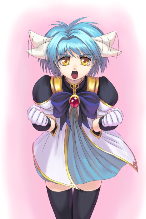 mint blancmanche, galaxy angel, 00s, 1girl, animal ears, blue hair, female focus, gloves, gradient background, green eyes, looking at viewer, open mouth, pink background, puffy sleeves, short hair, simple background, solo, thighhighs, yellow eyes