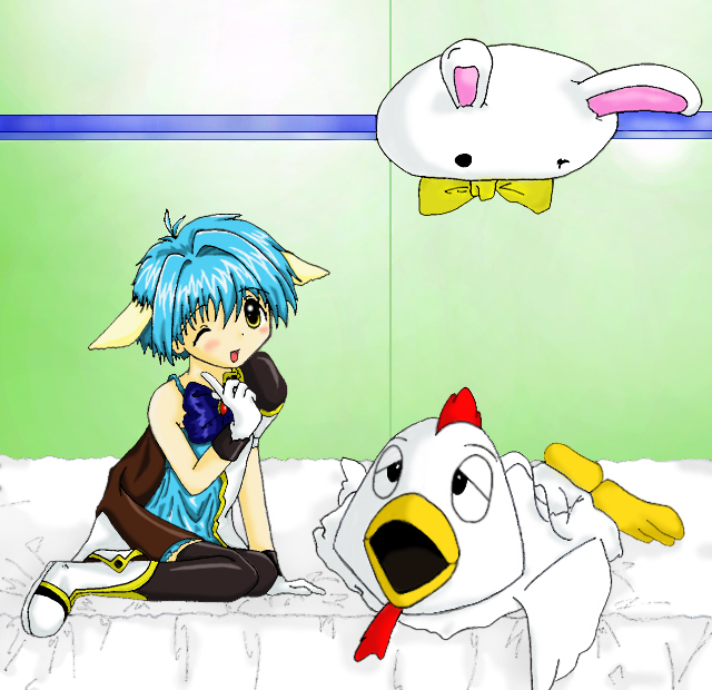 mint blancmanche, galaxy angel, 00s, 1girl, animal ears, bed, blue hair, blush, female focus, gloves, green eyes, indoors, looking at viewer, one eye closed, puffy sleeves, short hair, solo, thighhighs, wink, yellow eyes