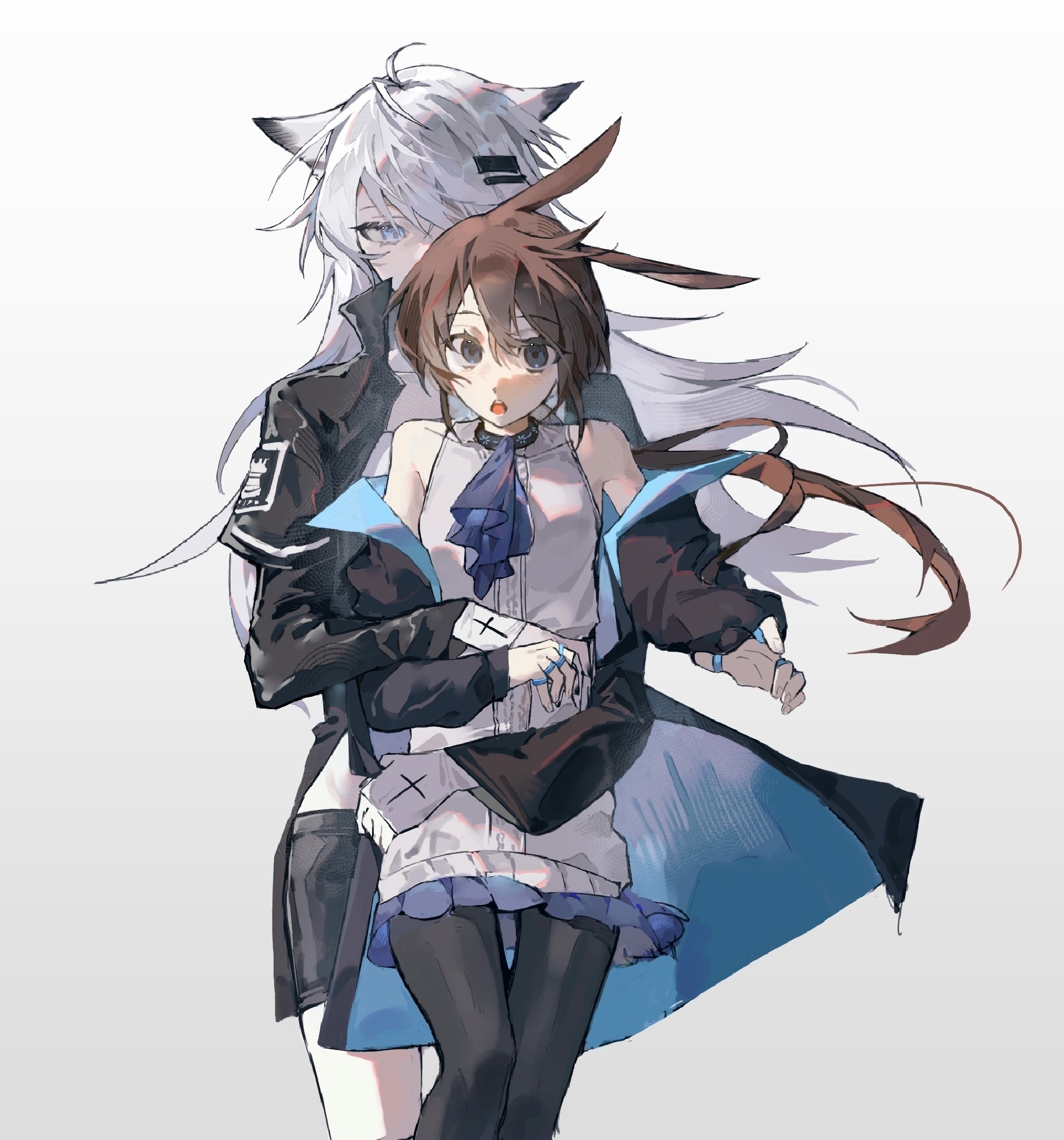 amiya (arknights), infection monitor (arknights), lappland (arknights), arknights, chinese commentary, commentary request, highres, animal ears, ascot, bare shoulders, behind another, black eyes, black jacket, black pantyhose, blue eyes, brown hair, covered collarbone, cowboy shot, cross, gradient background, grey background, grey sweater, hair between eyes, hair ornament, hairclip, hug, hug from behind, jacket, jewelry, kongbai huangyuan, latin cross, long hair, long sleeves, looking at viewer, multiple rings, off shoulder, pantyhose, purple ascot, ring, sleeveless, sleeveless sweater, standing, surprised, sweater, white background, white hair, wolf ears, wolf girl, yuri