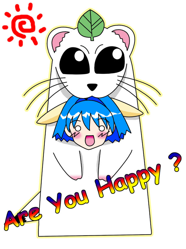 mint blancmanche, galaxy angel, tagme, 00s, 1girl, animal ears, blue hair, blush, english text, female focus, ferret, green eyes, leaf, leaf on head, looking at viewer, o o, open mouth, short hair, simple background, smile, solo, sun, text focus, white background, yellow eyes