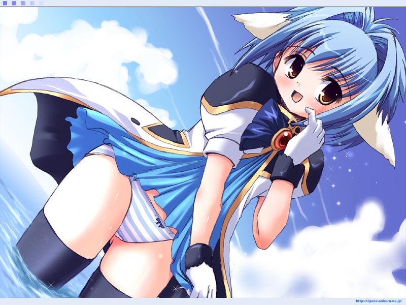mint blancmanche, galaxy angel, 00s, 1girl, animal ears, blue hair, blush, bow, bow panties, cloud, dress, dutch angle, female focus, gloves, green eyes, looking at viewer, ocean, open mouth, outdoors, panties, pantyshot, puffy sleeves, short dress, short hair, sky, smile, solo, striped clothes, striped panties, thighhighs, underwear, wading, yellow eyes