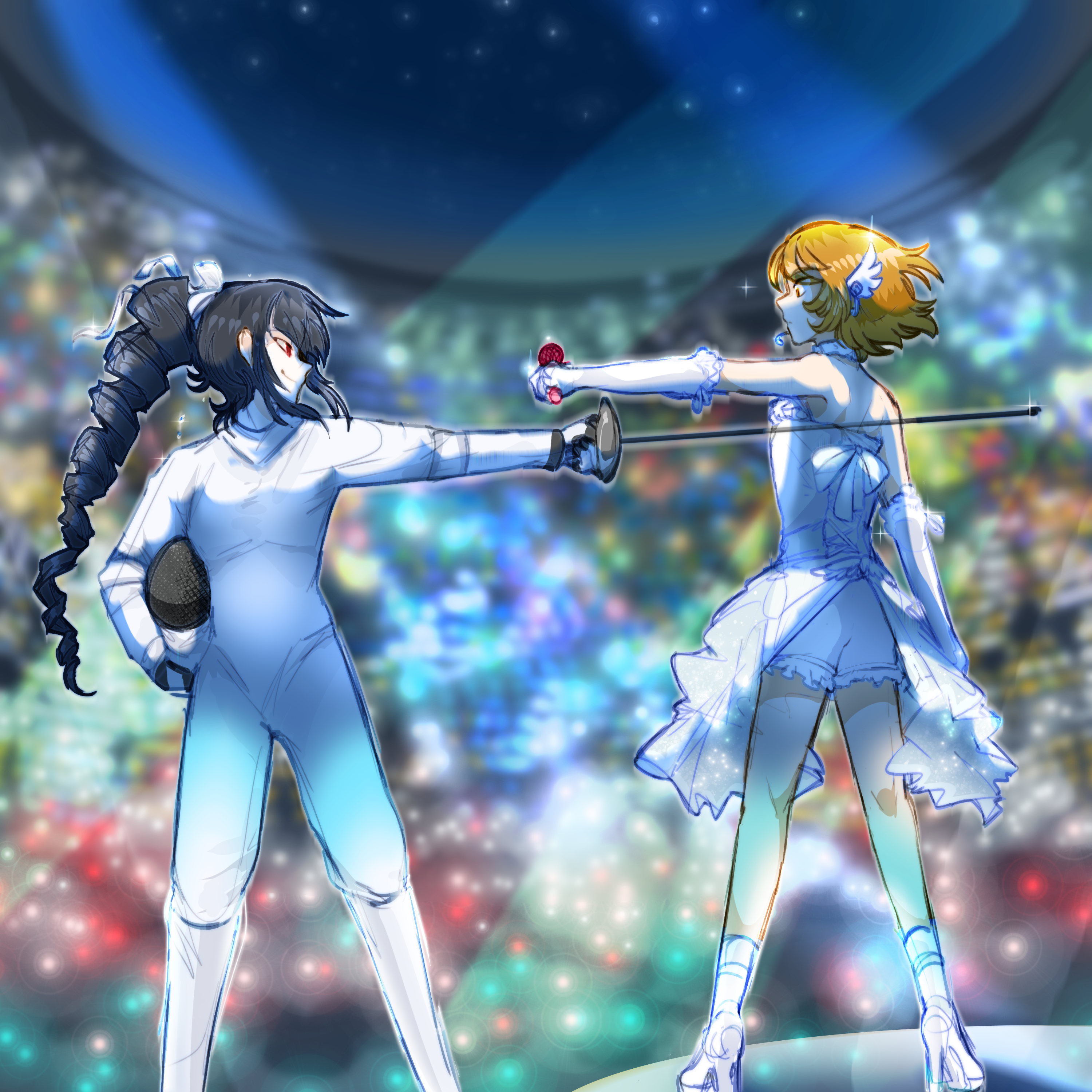 twinklelitchii, celestia ludenberg, fujisaki chihiro, danganronpa: trigger happy havoc, danganronpa (series), absurdres, highres, 1boy, 1girl, bodysuit, crossdressing, crossdressing (mtf), dress, fencing, fencing suit, gloves, holding, holding sword, holding weapon, long hair, long sleeves, orange hair, rapier, shoes, short hair, shorts, smile, socks, sword, trap, weapon, white bodysuit, white dress, white gloves, white shoes, white shorts