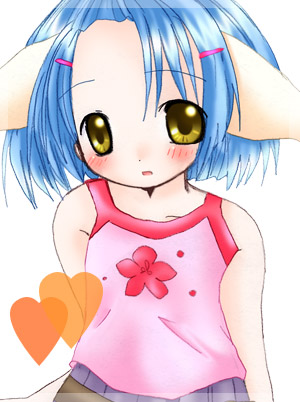 mint blancmanche, galaxy angel, lowres, tagme, 00s, 1girl, animal ears, blue hair, blush, female focus, green eyes, heart, looking at viewer, short hair, simple background, solo, white background, yellow eyes