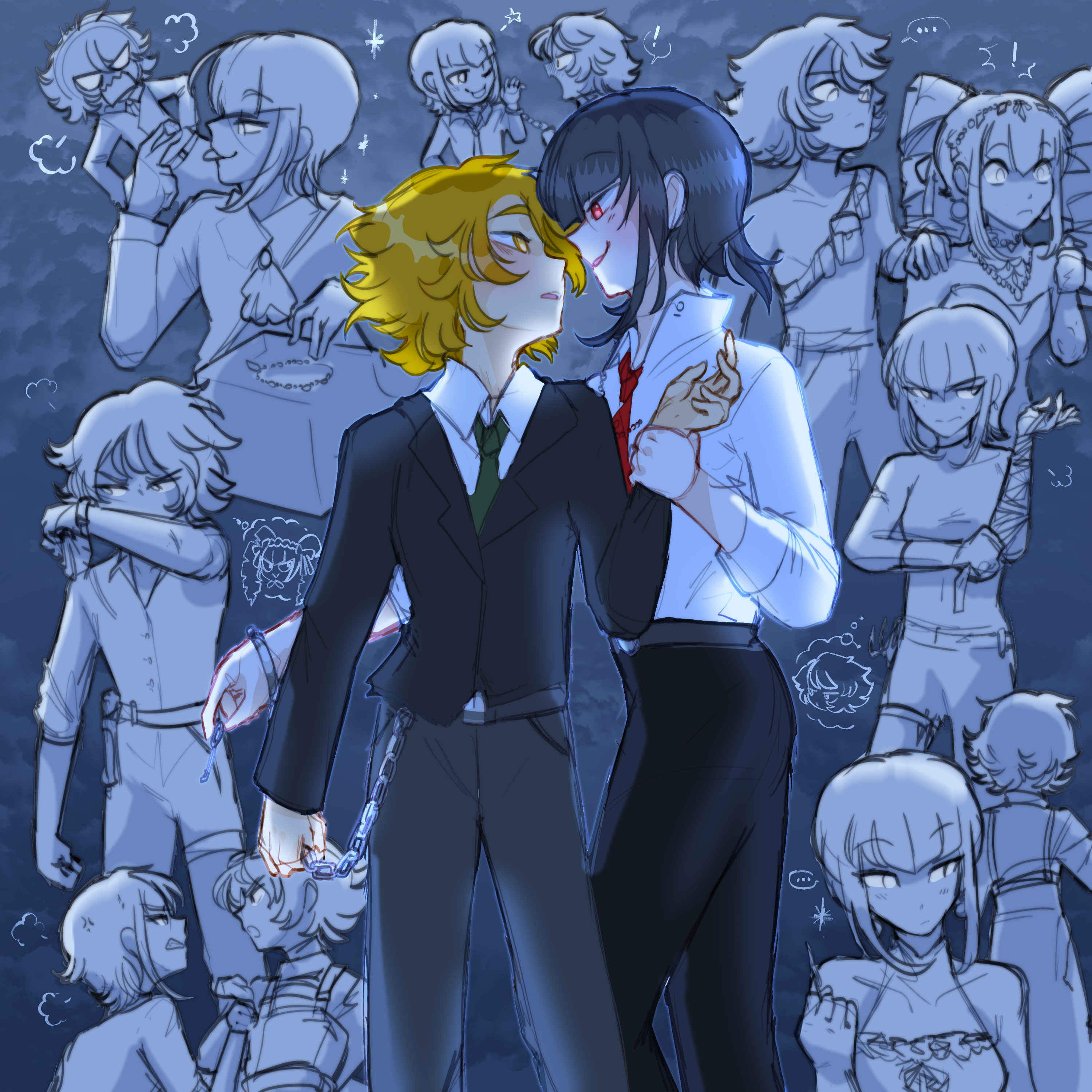 twinklelitchii, celestia ludenberg, fujisaki chihiro, danganronpa: trigger happy havoc, danganronpa (series), absurdres, highres, 1boy, 1girl, bandaged arm, bandages, black hair, black jacket, collared shirt, crossdressing, crossdressing (ftm), eye contact, green necktie, hetero, jacket, long sleeves, looking at another, multiple views, necktie, orange eyes, pants, red eyes, shirt, short hair, smile, tongue, tongue out, trap, white shirt
