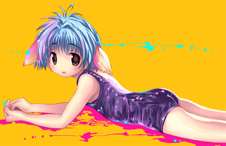 mint blancmanche, galaxy angel, 00s, 1girl, animal ears, blue hair, female focus, green eyes, looking at viewer, one-piece swimsuit, short hair, simple background, solo, swimsuit, yellow background, yellow eyes