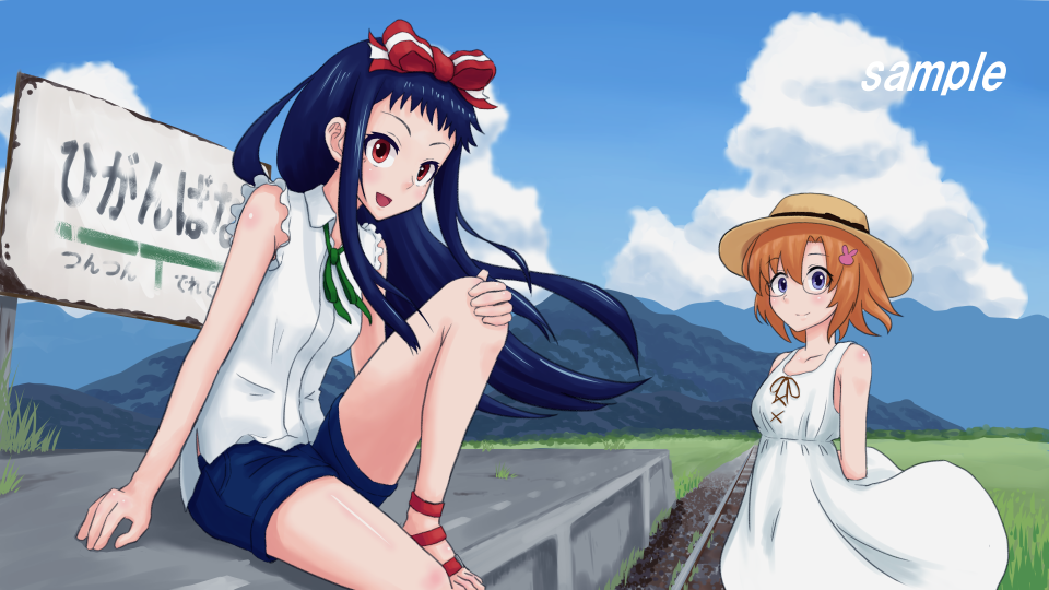 higanbana (higanbana no saku yoru ni), moriya marie, comiket 86, higanbana no saku yoru ni, 2girls, alternate costume, black hair, blue eyes, bow, cloud, cumulonimbus cloud, danjyo, dilapidated, dress, field, glasses, grass, green ribbon, hair ornament, hat, mountain, mountainous horizon, multiple girls, orange hair, rabbit hair ornament, railroad tracks, red bow, red eyes, ribbon, sample watermark, sandals, shirt, shorts, sign, sun hat, watermark, white dress, white shirt