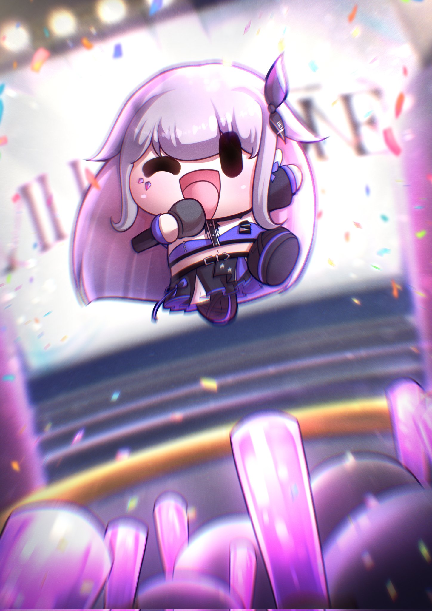 seapupu, koseki bijou, hololive, hololive english, highres, 1girl, chibi, confetti, glowstick, grey hair, holding, holding microphone, hololive idol uniform (color rise), long hair, microphone, midriff, music, navel, one eye closed, singing, stage, virtual youtuber