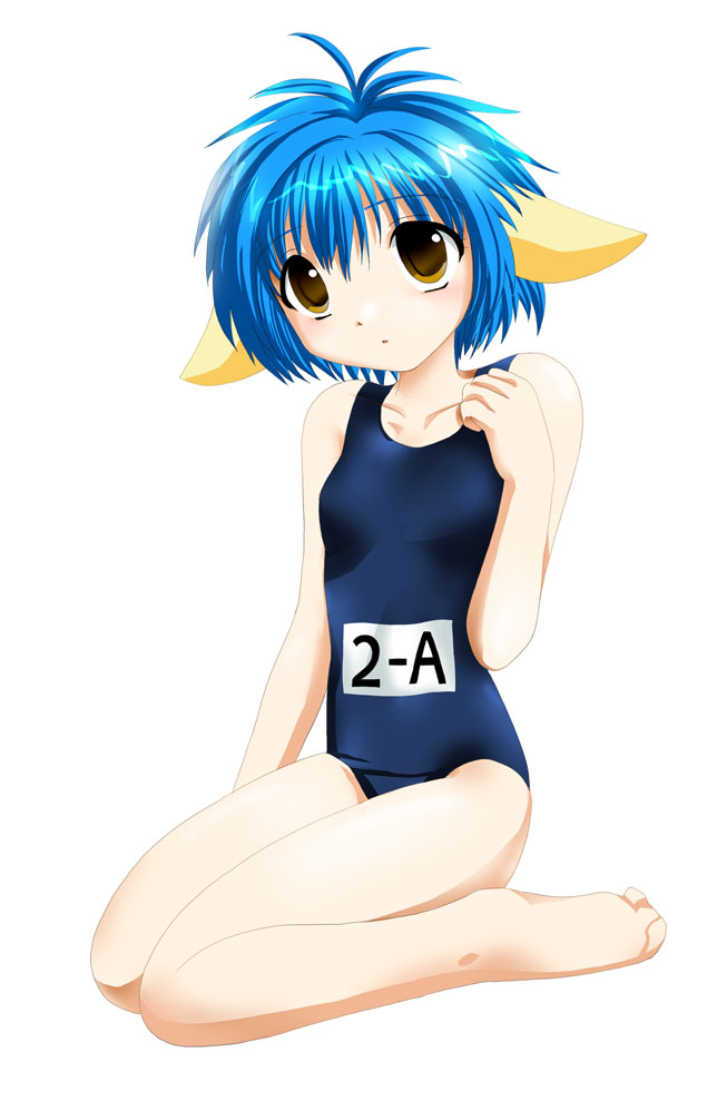 mint blancmanche, galaxy angel, 00s, 1girl, animal ears, blue hair, female focus, green eyes, school swimsuit, short hair, simple background, solo, swimsuit, white background, yellow eyes