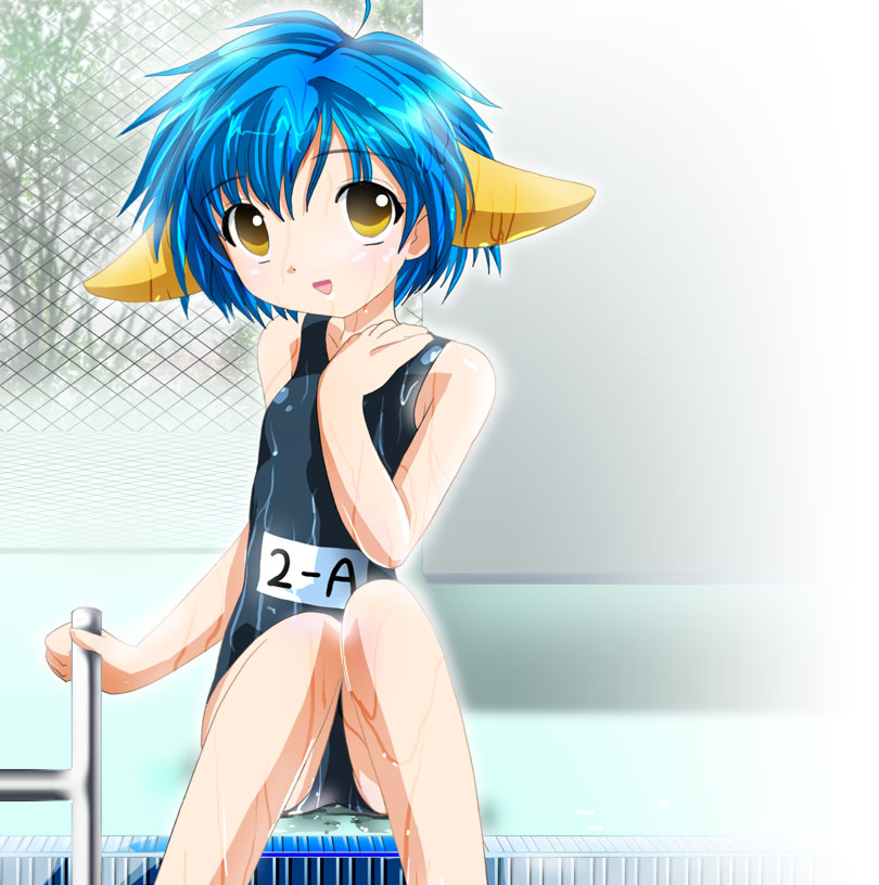 mint blancmanche, galaxy angel, 00s, 1girl, animal ears, blue hair, female focus, green eyes, looking at viewer, school swimsuit, short hair, smile, solo, swimsuit, yellow eyes