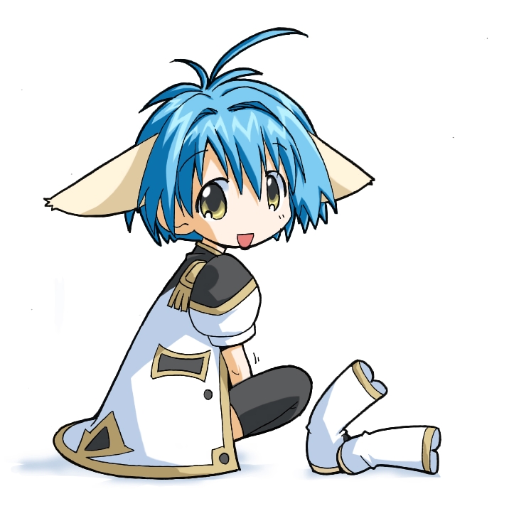 mint blancmanche, galaxy angel, tagme, 00s, 1girl, animal ears, blue hair, female focus, green eyes, looking at viewer, looking back, puffy sleeves, short hair, simple background, solo, thighhighs, white background, yellow eyes