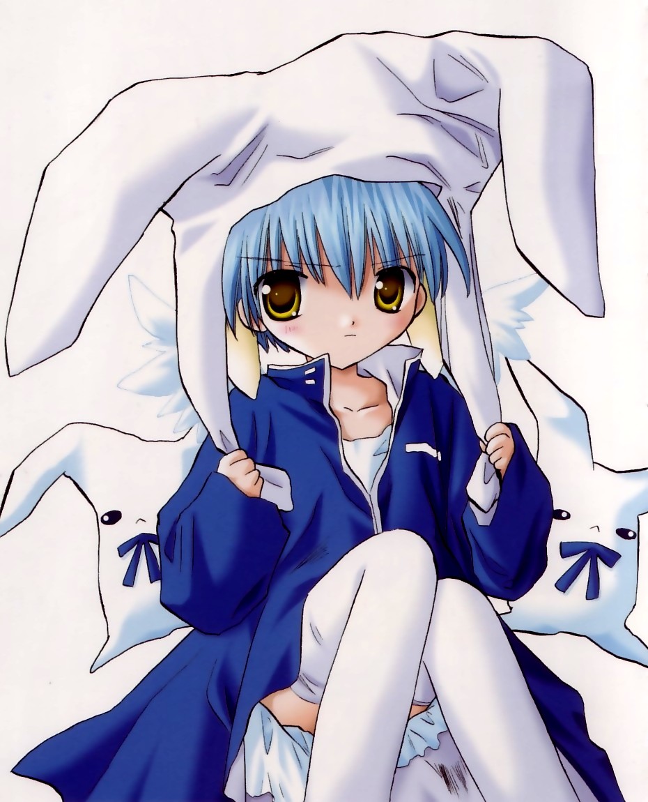 mint blancmanche, galaxy angel, 00s, 1girl, animal ears, blue hair, blush, female focus, green eyes, looking at viewer, short hair, simple background, solo, thighhighs, white background, yellow eyes