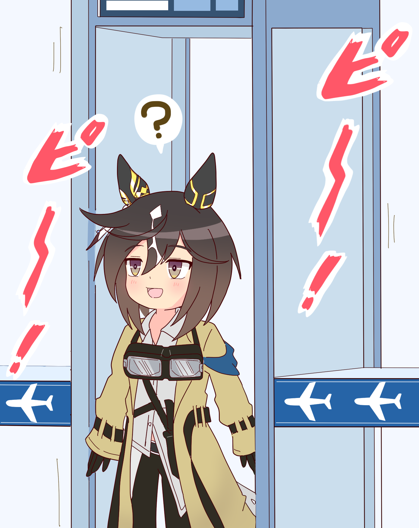 oikomii, stay gold (umamusume), umamusume, highres, 1girl, :d, ?, airport security, alarm siren, animal ears, asymmetrical shirt, black pants, brown hair, coat, dagger, ear covers, goggles, goggles around neck, gradient hair, horse ears, horse girl, knife, multicolored hair, open mouth, pants, security checkpoint, sheath, sheathed, shirt, smile, solo, spoken question mark, walkthrough metal detector, weapon, white hair, white shirt, yellow coat