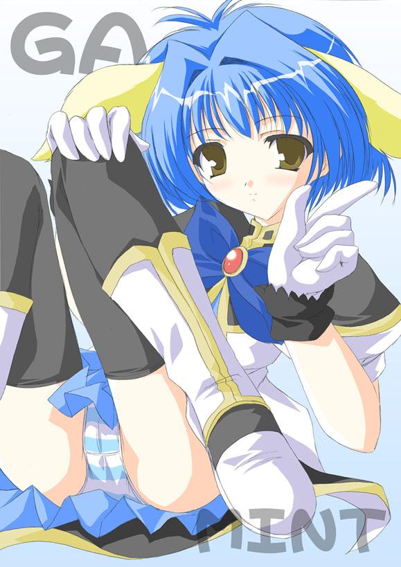 mint blancmanche, galaxy angel, 00s, 1girl, animal ears, blue hair, character name, female focus, gloves, green eyes, panties, pantyshot, puffy sleeves, short hair, solo, striped clothes, striped panties, thighhighs, underwear